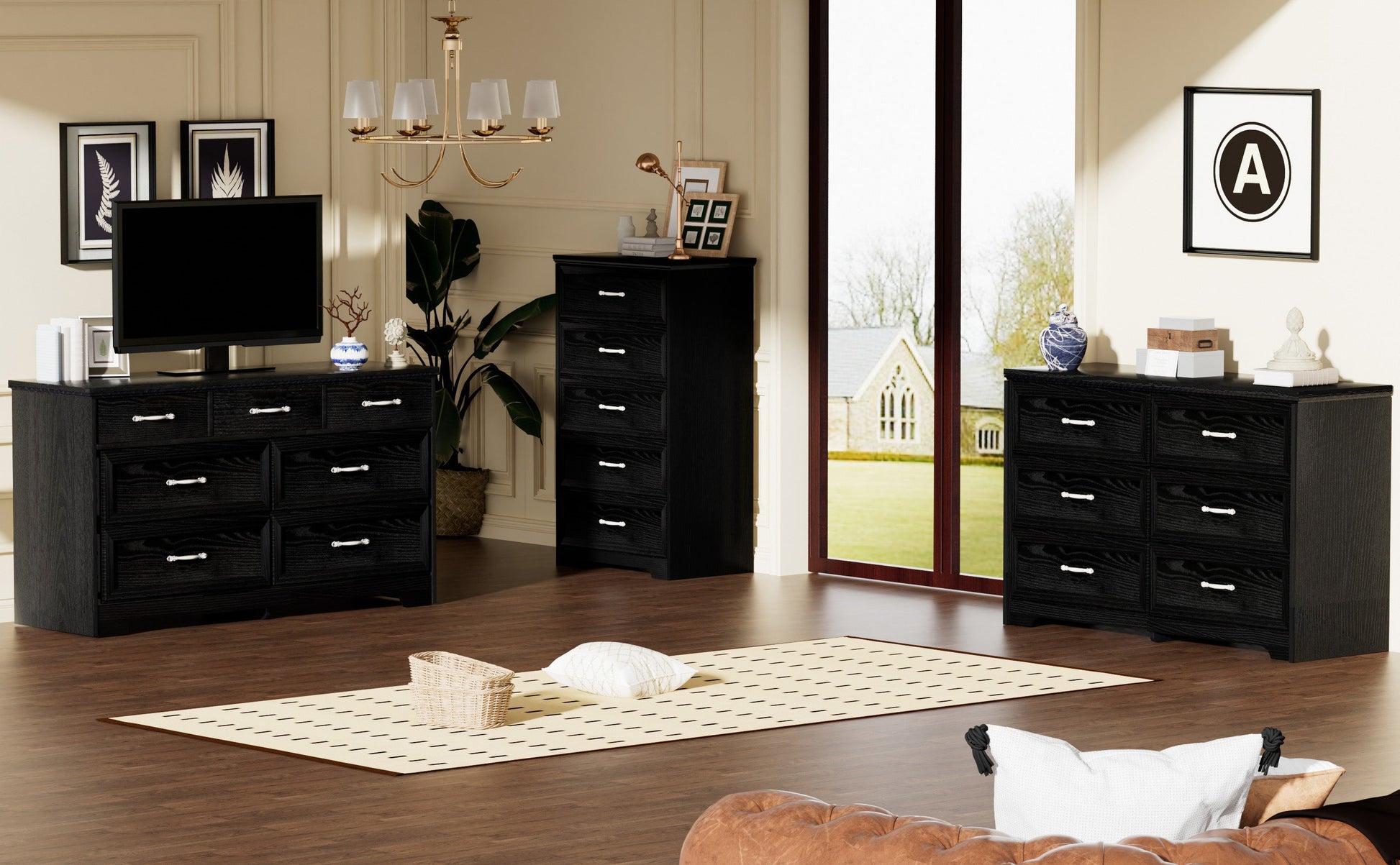 Modern 3 Drawer Bedroom Chest of Drawers with 7 Drawers Dresser, Clothes Organizer -Metal Pulls Black, 47.6″L x 15.7″W x 26.6″H - Korvel