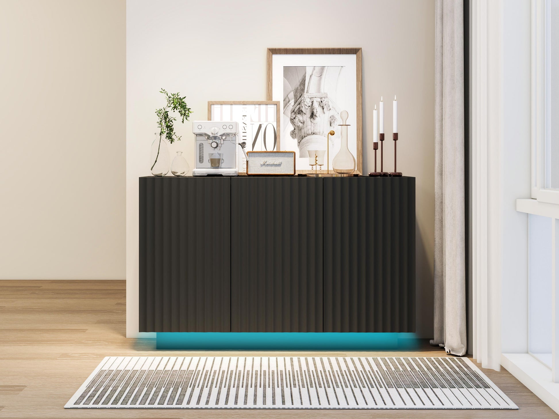 LED Carved Line 3 Door Storage Cabinet,Sideboard Buffet Cabinet With Adjustable Shelf,Large Storage Accent Cabinet - Korvel