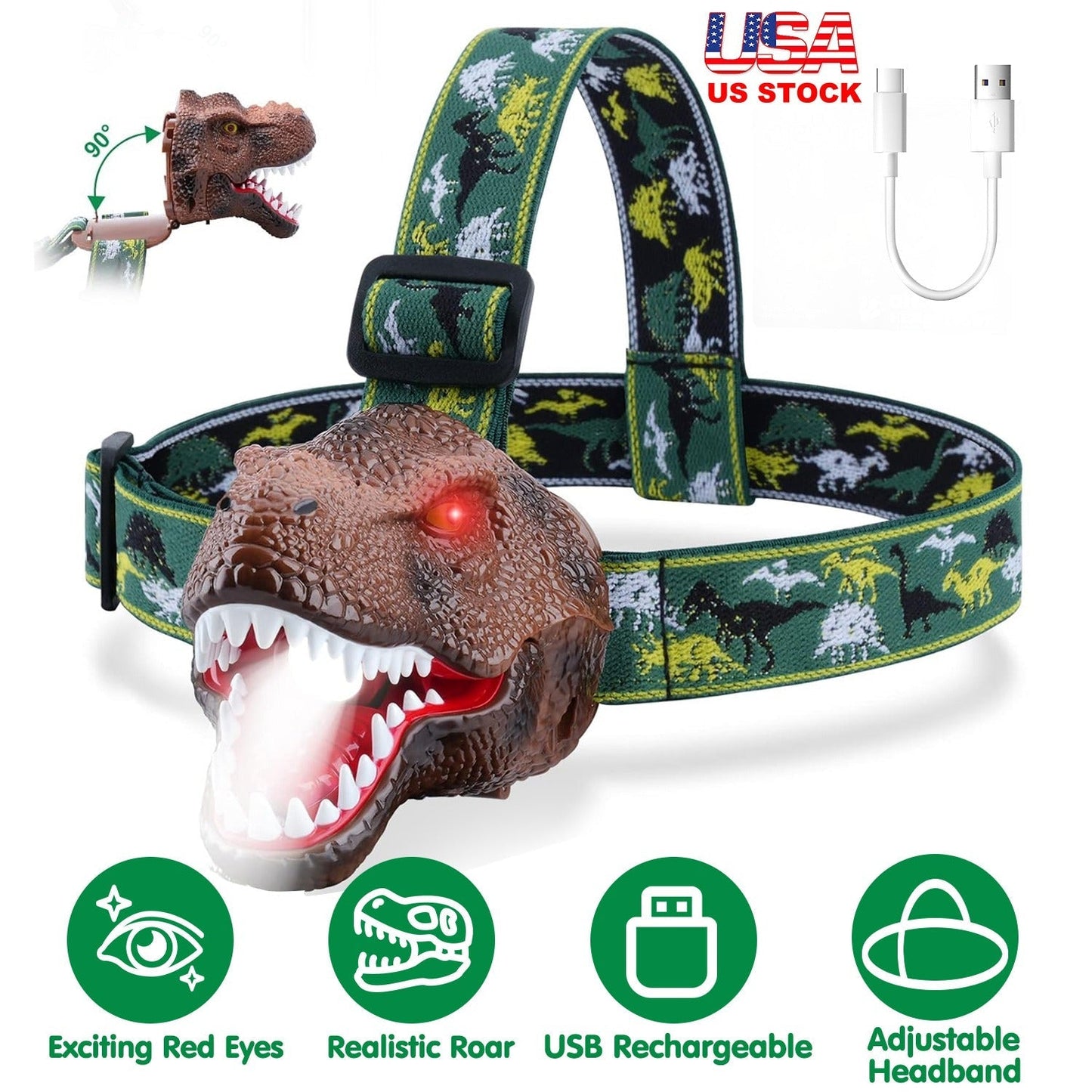 Dinosaur Headlamp for Kids - Adjustable Flashlight with Roar Sound
