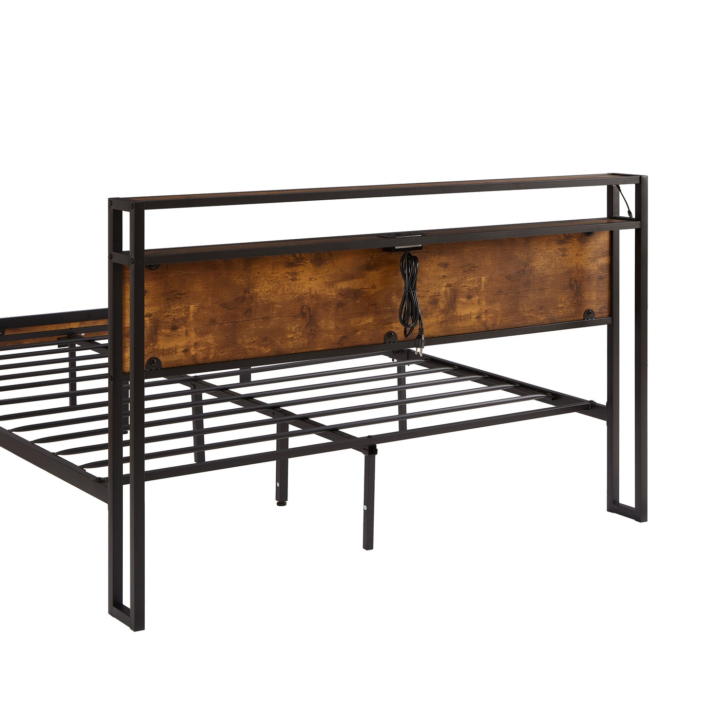Extra large metal platform bed frame with wooden headboard and footrest, USB LINER, LED lights - Korvel