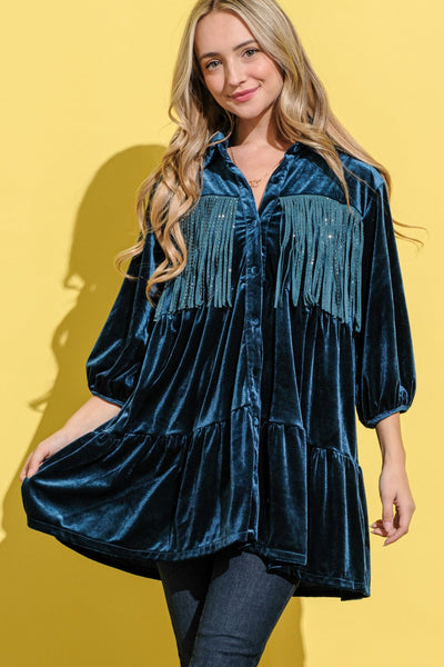 Robe Chemise en Velours Détail Frange