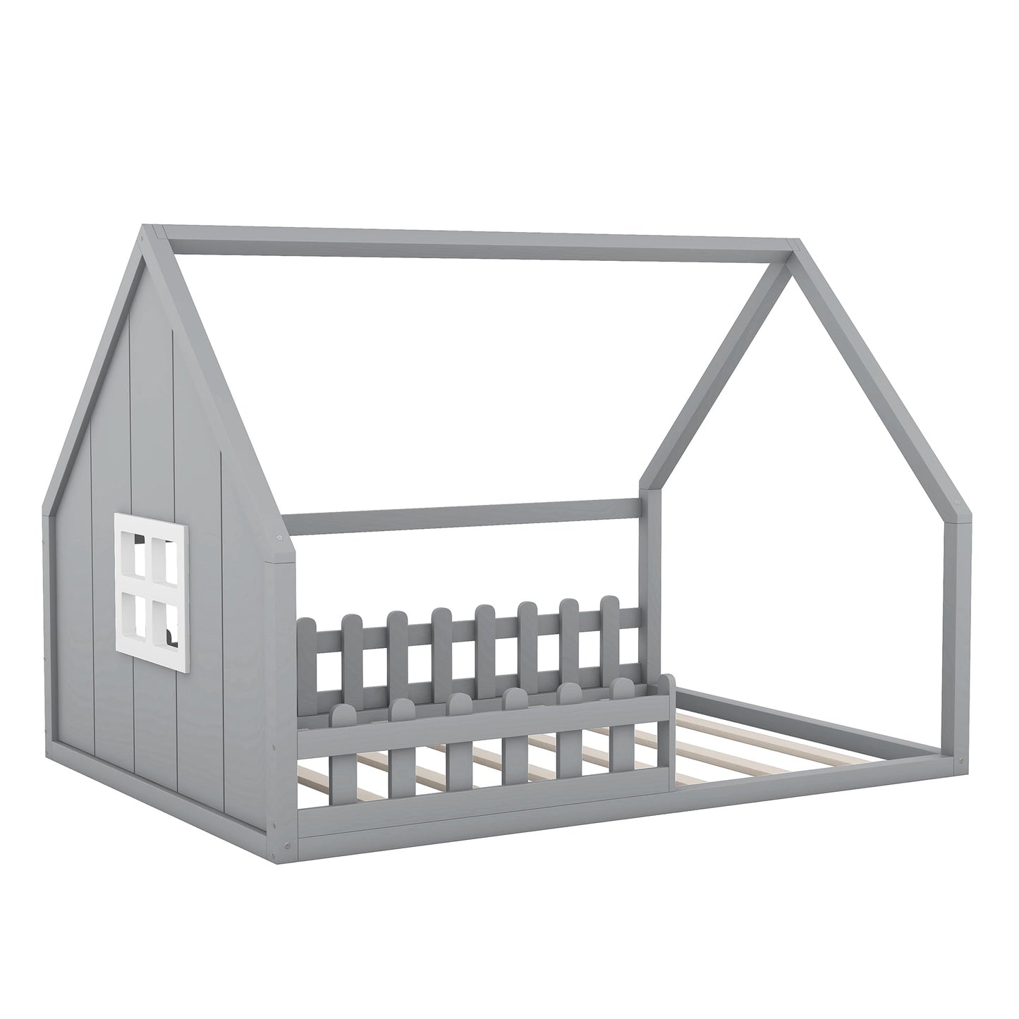 Full Size Wood House Bed with Window and Fence  Gray - Korvel