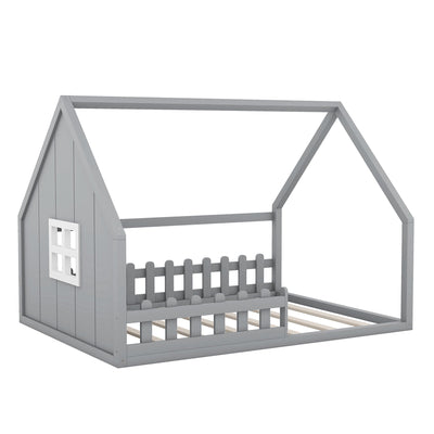 Full Size Wood House Bed with Window and Fence  Gray - Korvel