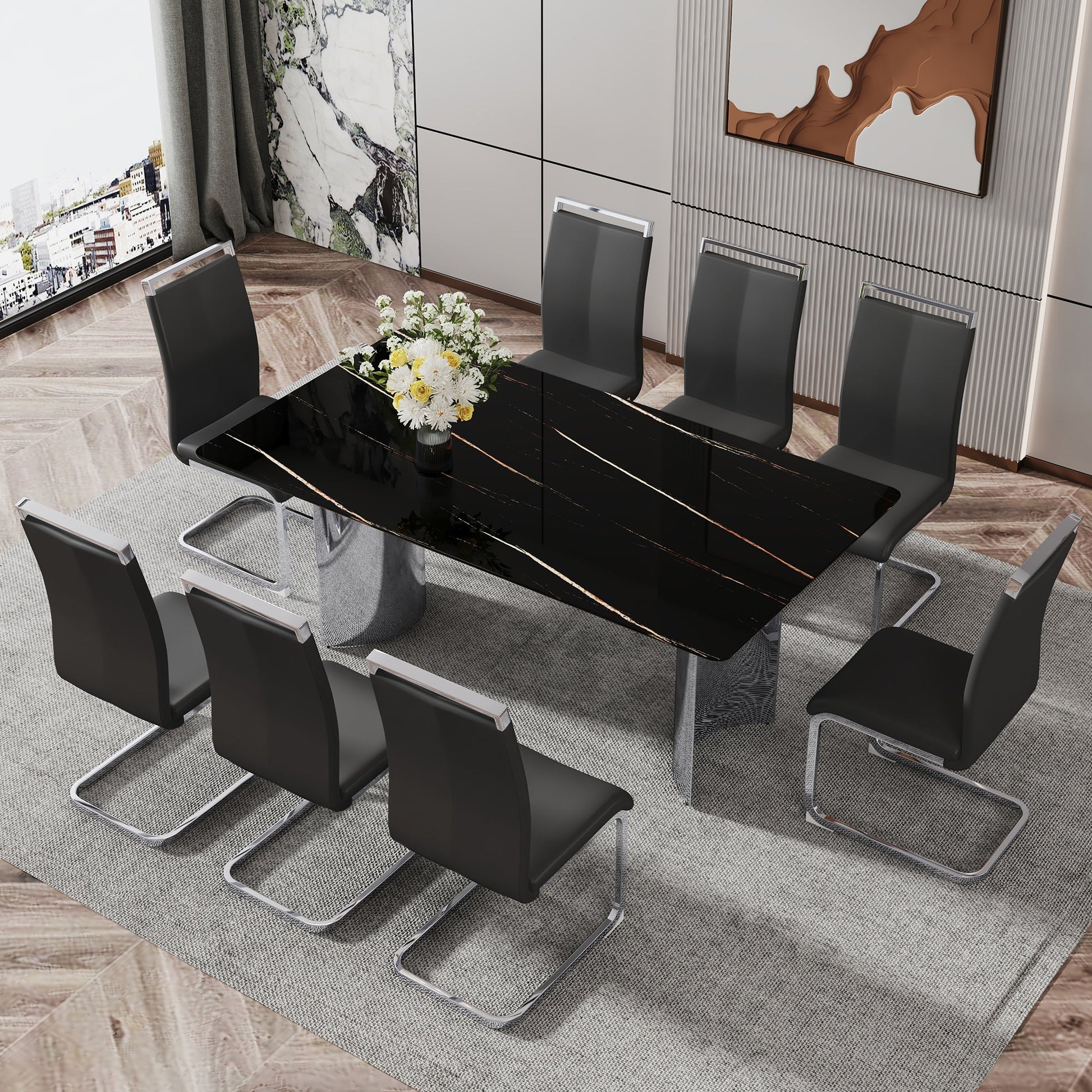 Modern minimalist dining table The black imitation marble glass desktop is equipped with silver metal legs - Korvel