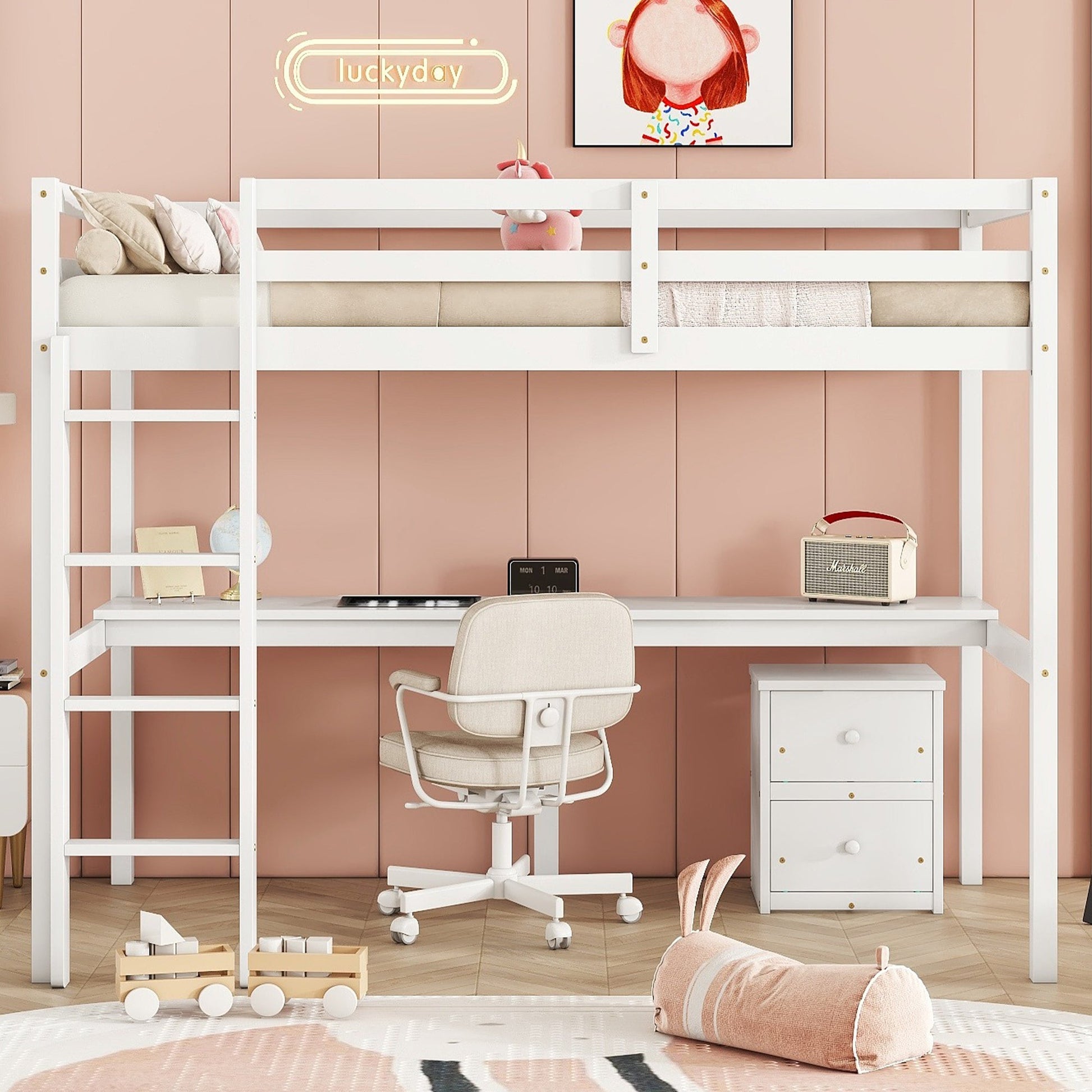 Twin Loft Wood Bed with Under-bed, Built-in Desk, a Storage Cabinet of 2 Drawers, Guardrails, Ladder,White - Korvel