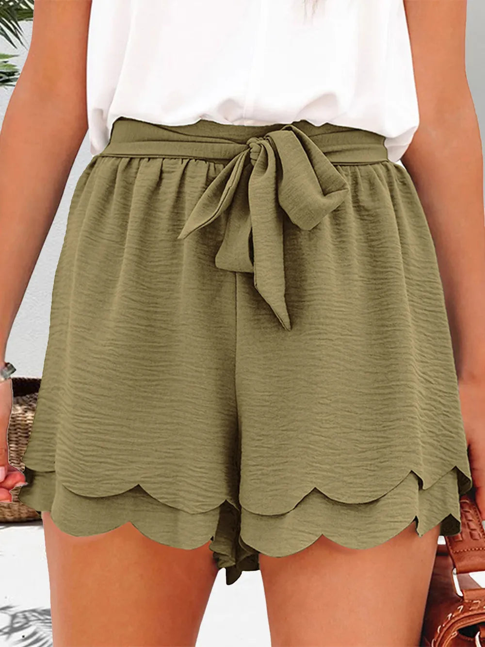 Tied Layered Scalloped Hem Shorts - Korvel