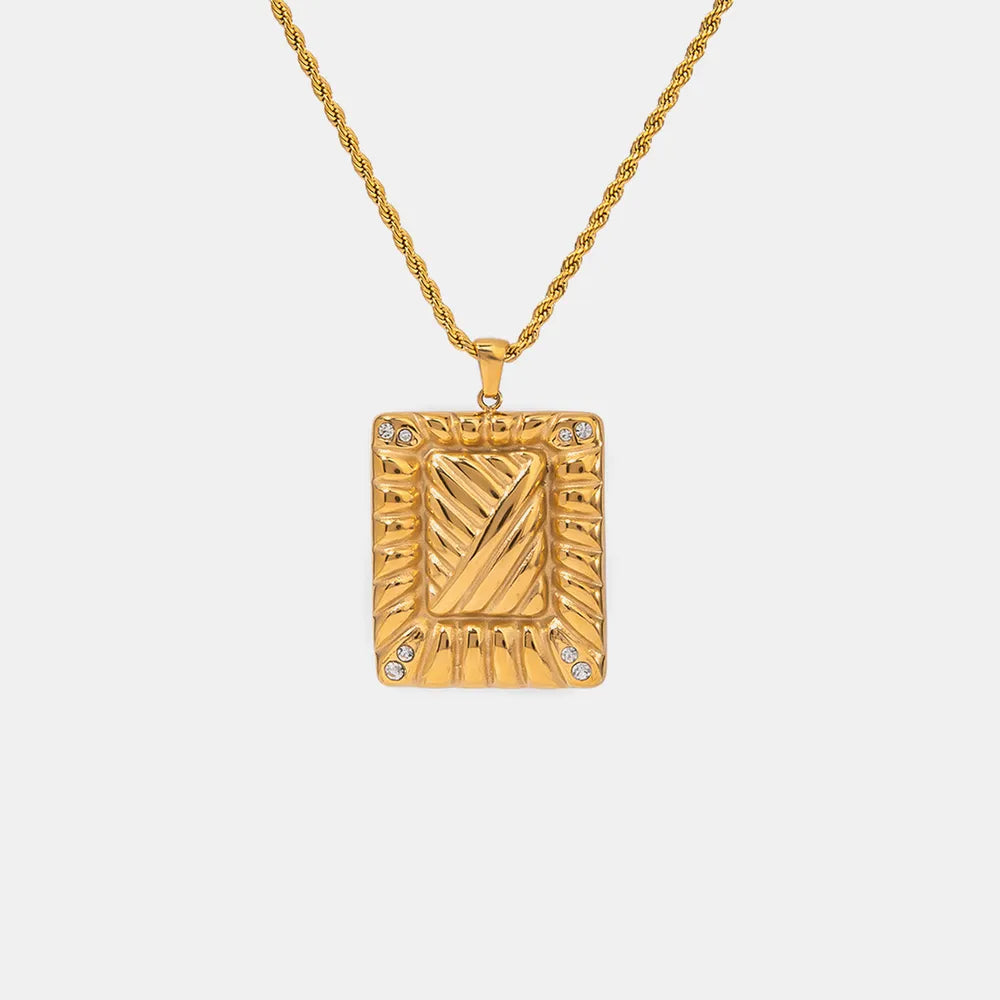 Stainless Steel Inlaid Rhinestone Rectangle Shape Pendant Necklace - Korvel