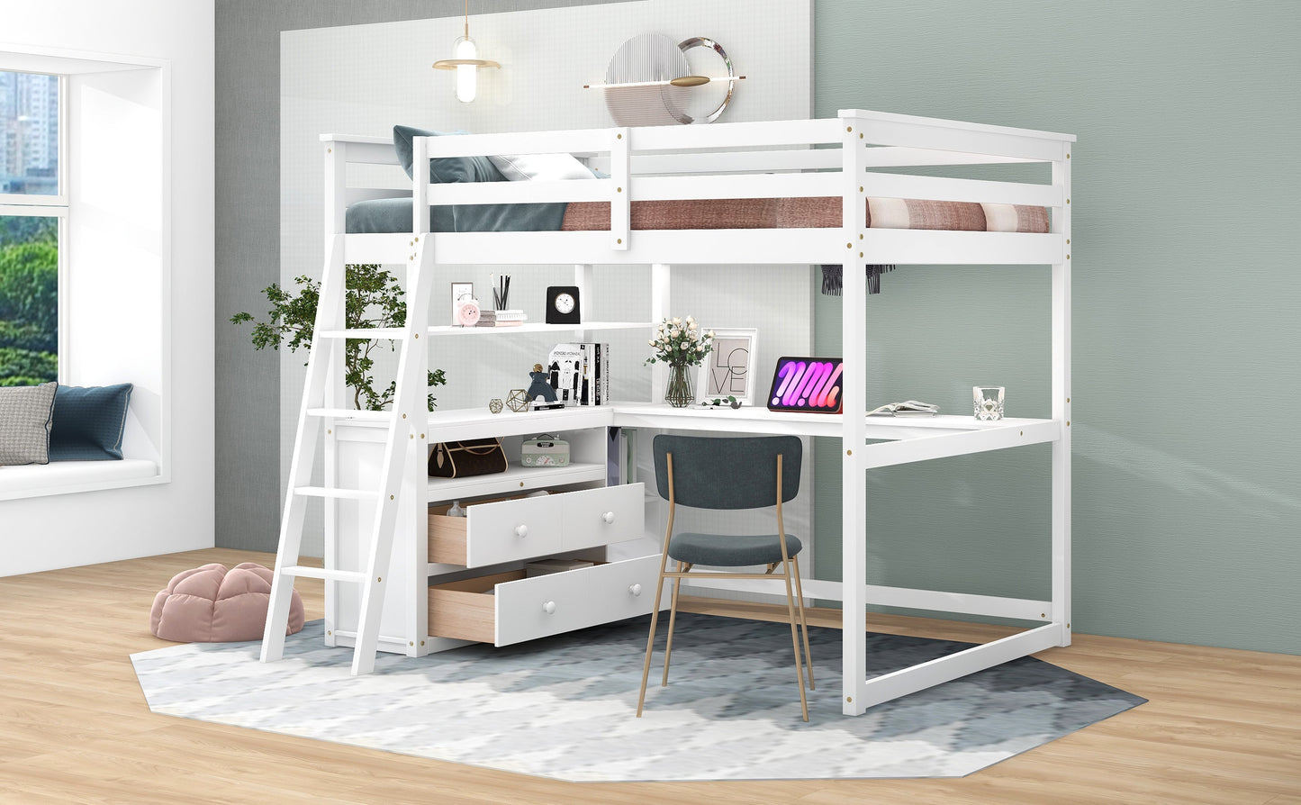 Cama loft de tamaño completo con escritorio y estantes, dos cajones incorporados