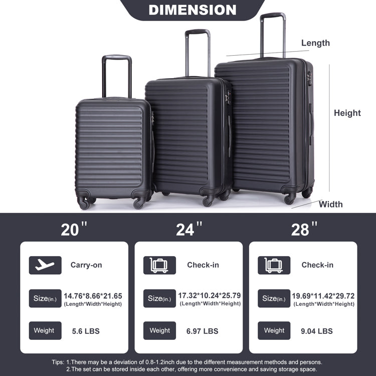 3 Piece Luggage Sets ABS Lightweight Suitcase with Two Hooks, Spinner Wheels, TSA Lock, (20/24/28) Black - Korvel