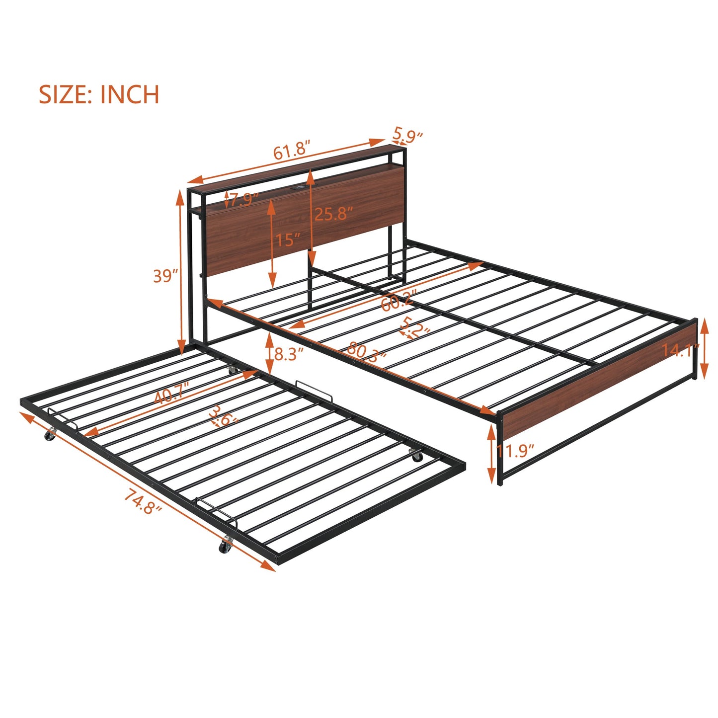 Cama de Plataforma de Metal Tamaño Queen con Trundle y Puertos USB - Negro