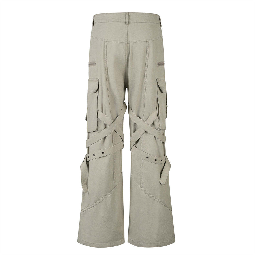 High Street Style Multi-Pocket Workwear Flared Trousers with Belt Design for Men - Korvel