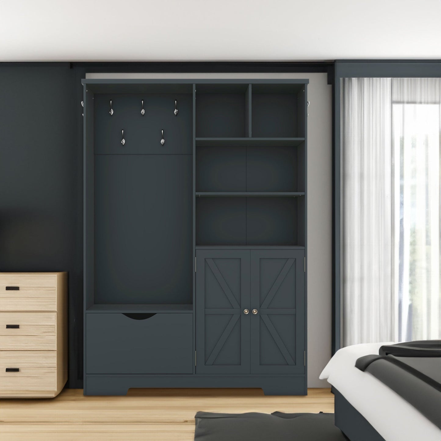 Armoire d'entrée élégante et multifonctionnelle avec rangement en bleu antique