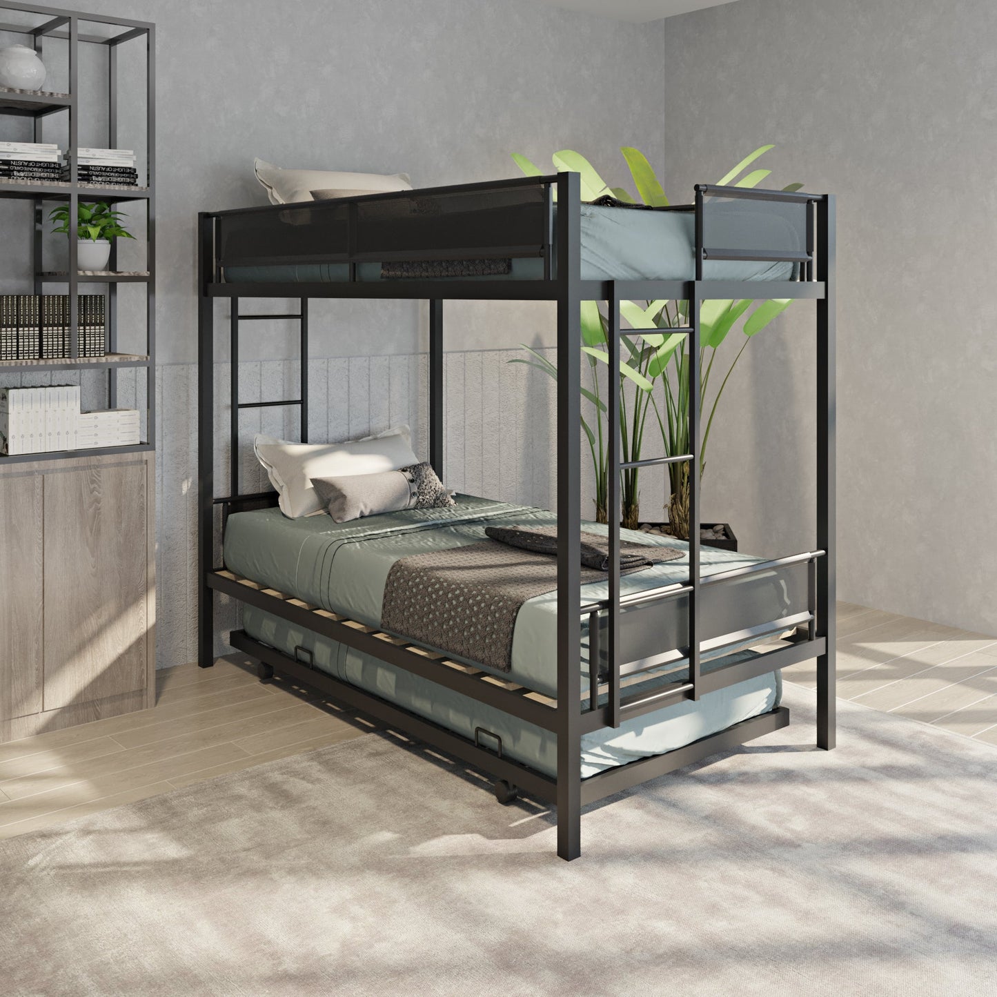 Metal double bed with casters/sturdy frame/no noise/comfortable guardrail/2 side ladders/no need for spring box - Korvel