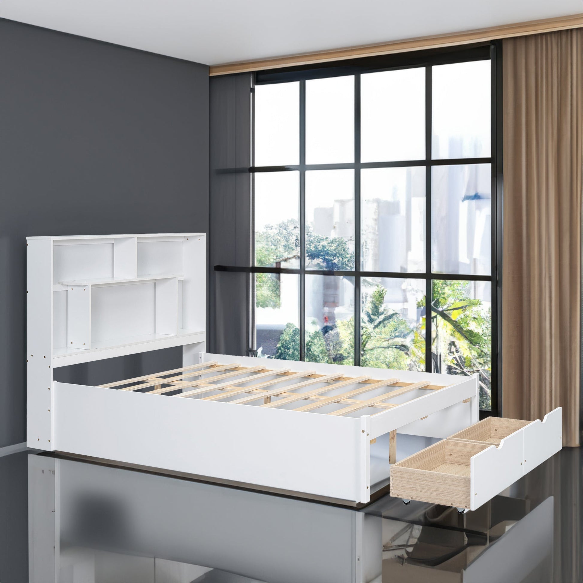 Full Size Platform Bed with Storage Headboard and 2 Drawers, White - Korvel
