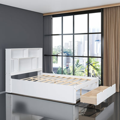 Full Size Platform Bed with Storage Headboard and 2 Drawers, White - Korvel