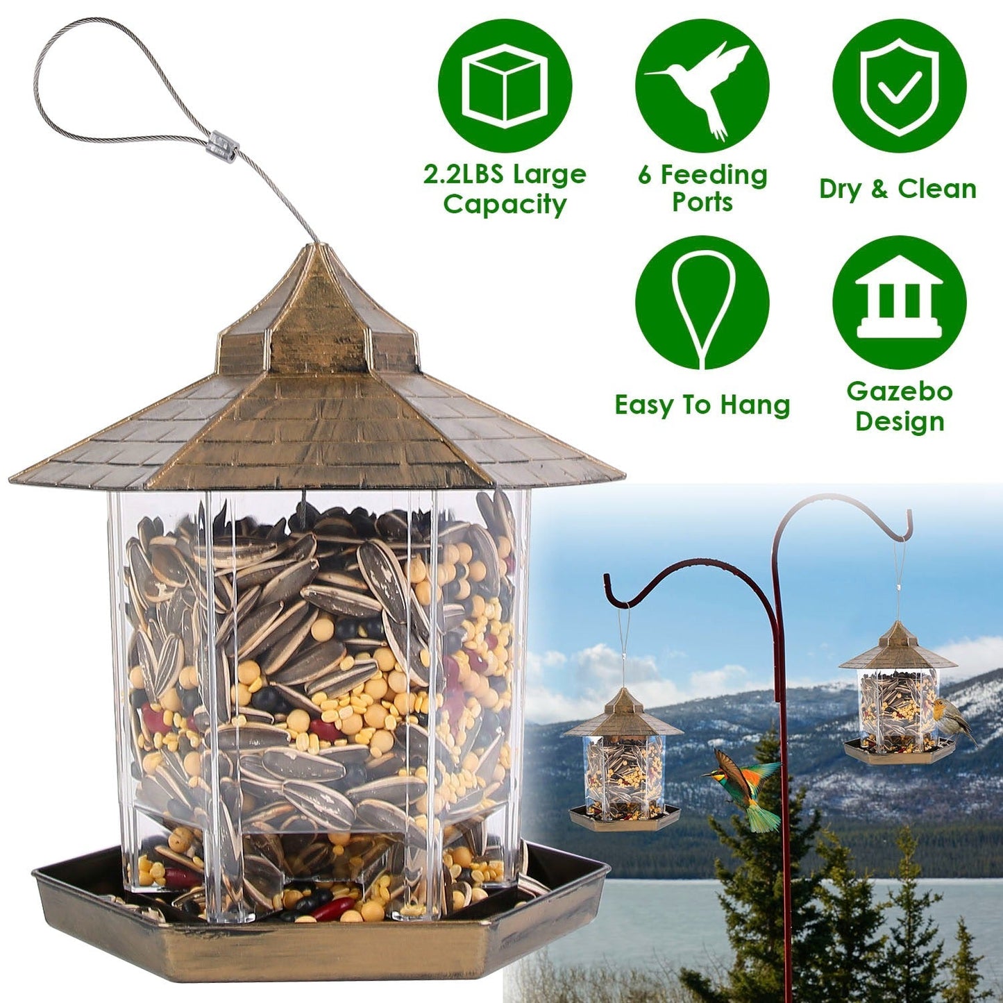 Comedero para Aves Silvestres en Forma de Gazebo Colgante con Gran Capacidad