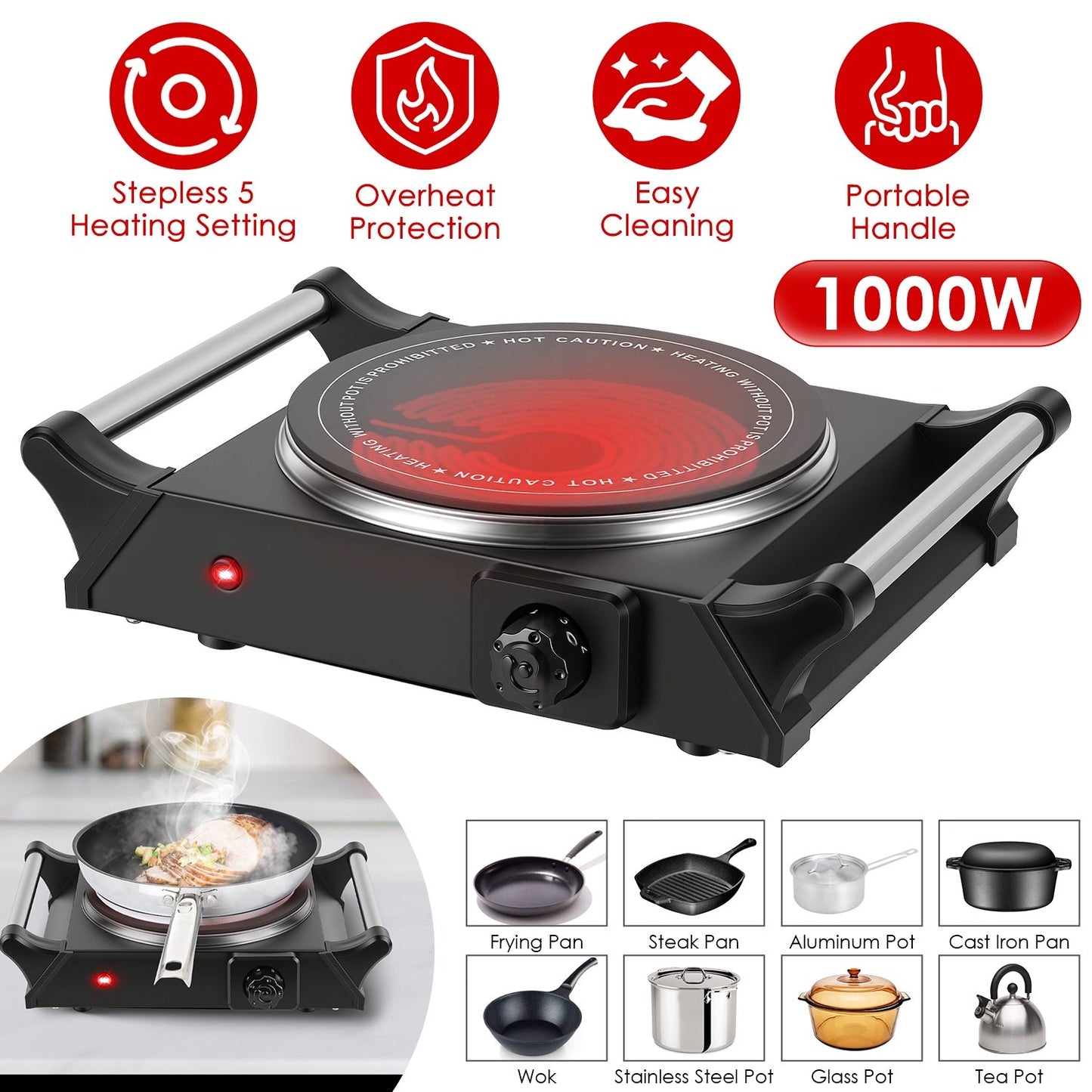1000W Electric Single Burner Portable Hot Plate with Adjustable Temperature