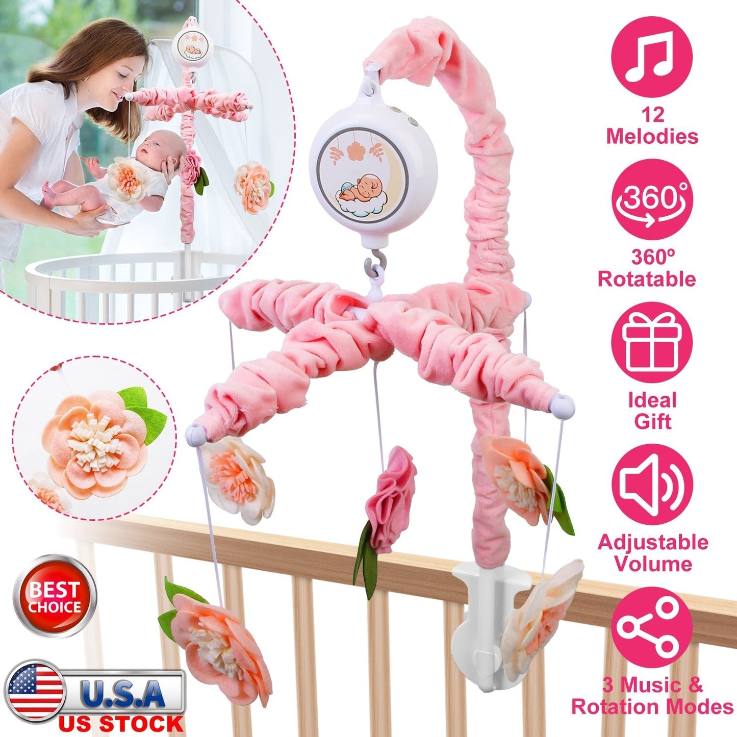 Mobile musical Gbruno pour filles - 12 mélodies et 5 hochets en fleurs