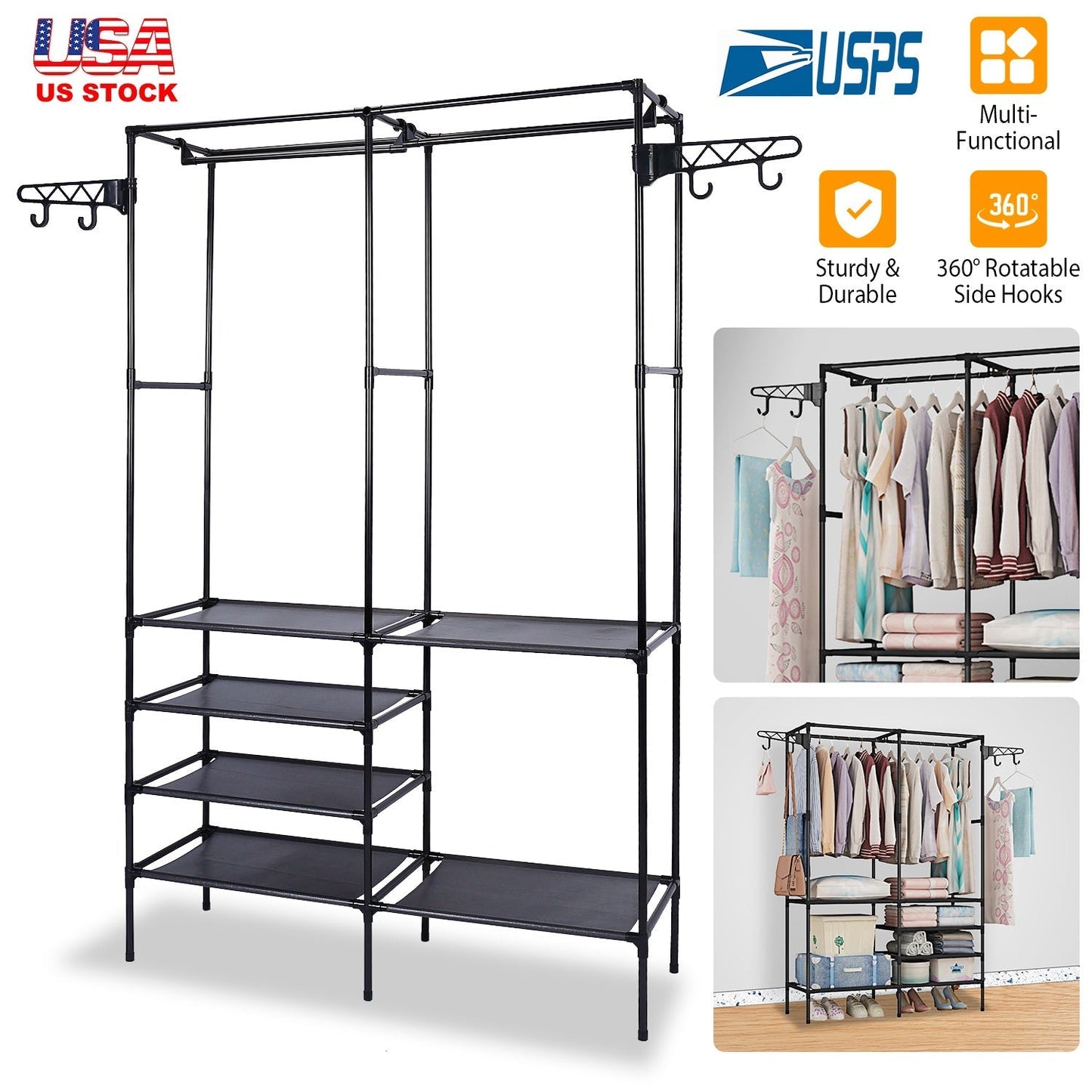 Freestanding Metal Garment Rack with Shelves and Hooks