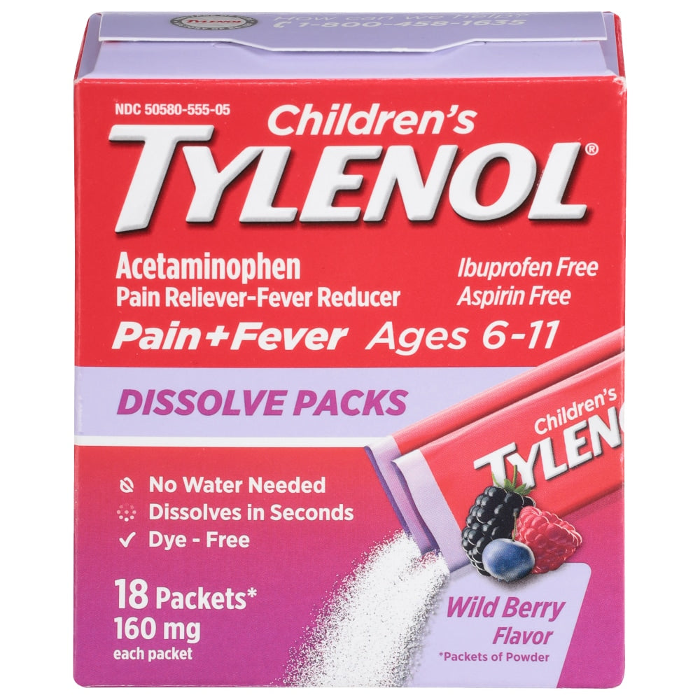 Paquetes de disolución de Tylenol para niños, sabor bayas silvestres, 18 unidades