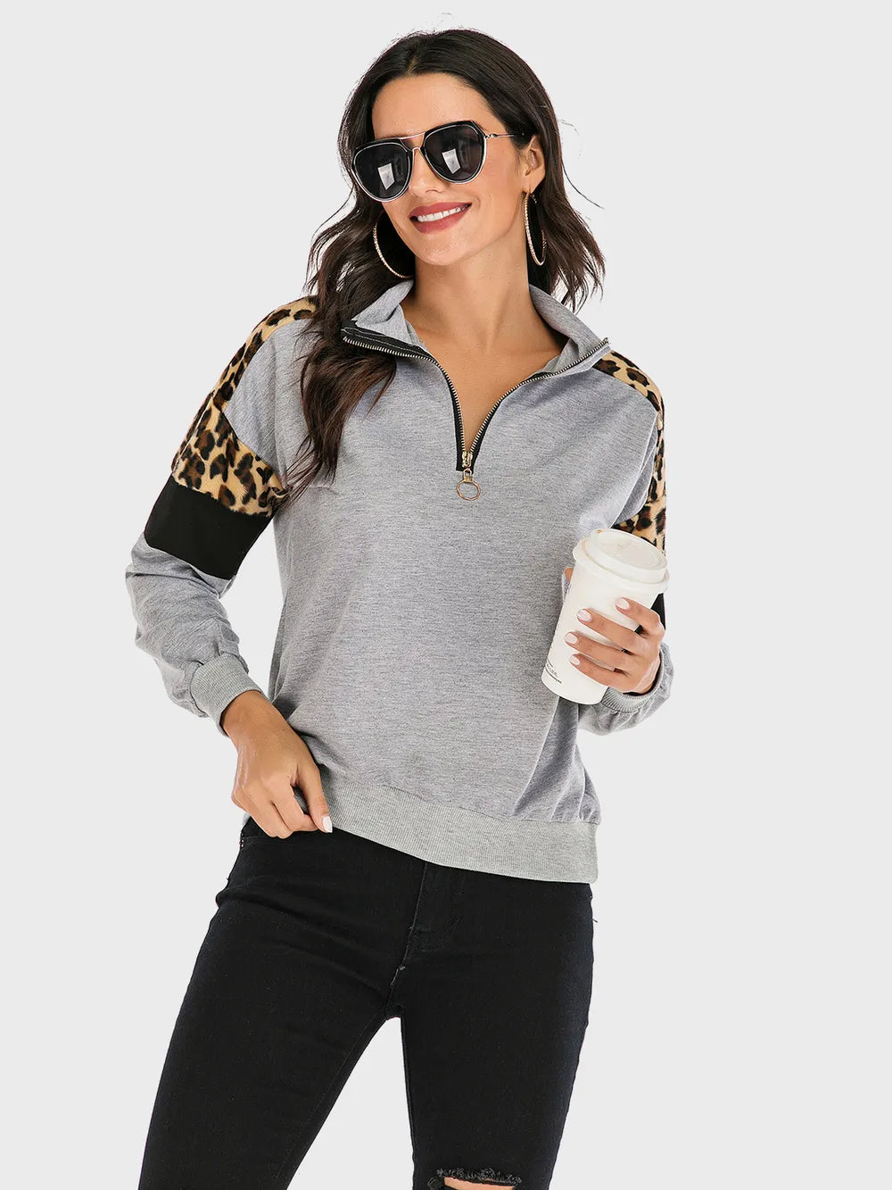 Sudadera de Manga Larga con Media Cremallera y Leopardo en Contraste
