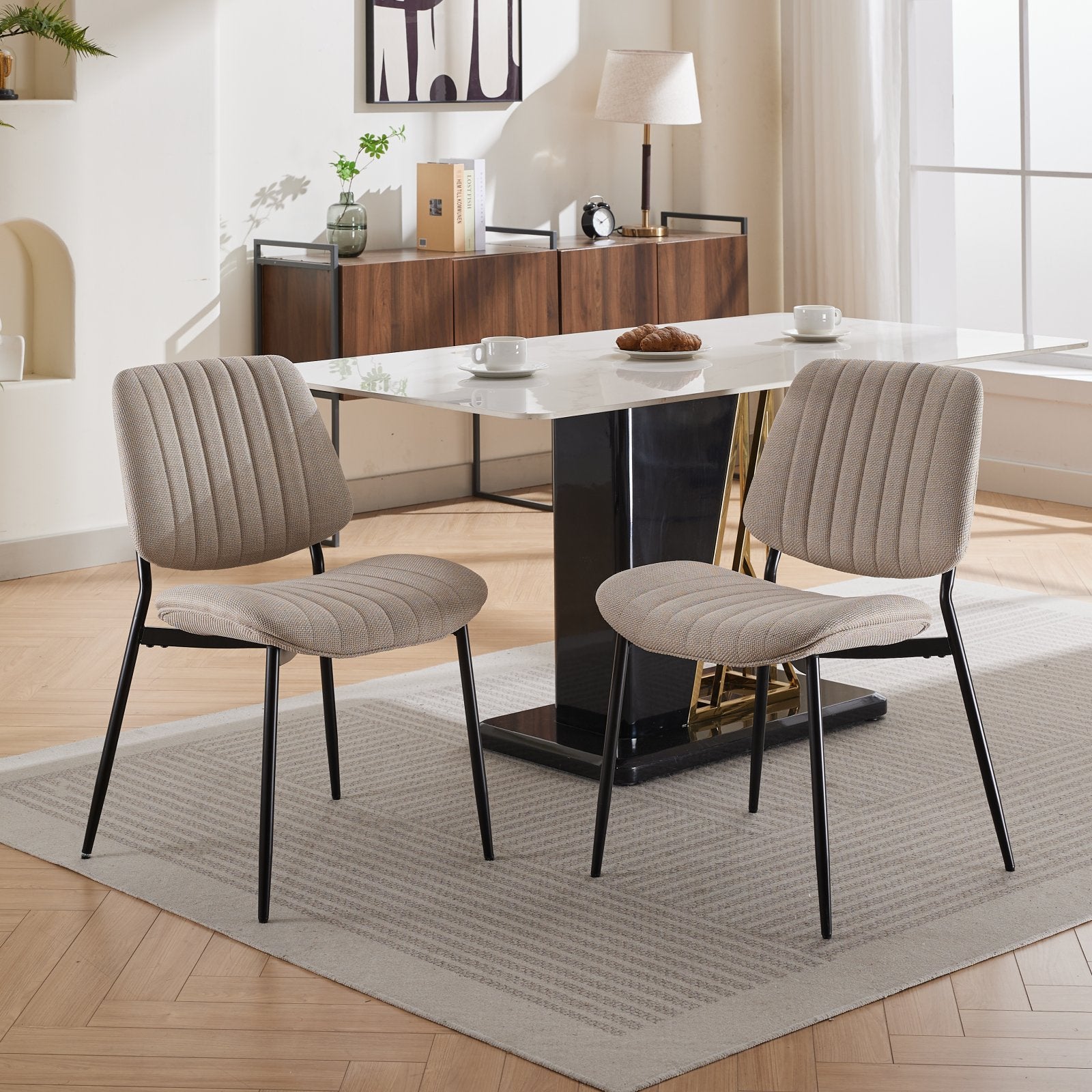 2-piece retro linen chair set with curved wooden backrest, cushioned seat, adjustable metal legs, (Beige Linen) - Korvel