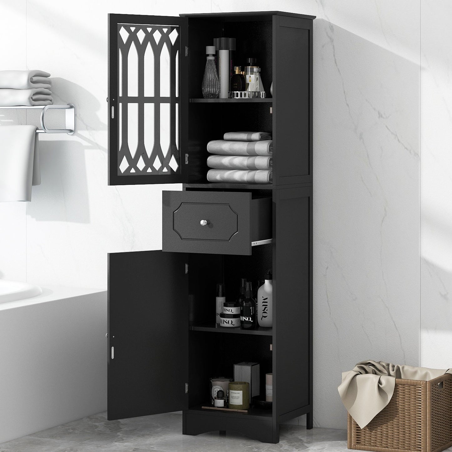 Tall Bathroom Cabinet, Freestanding Storage Cabinet with Drawer and Doors, MDF Board, Acrylic Door, Adjustable Shelf, Black - Korvel