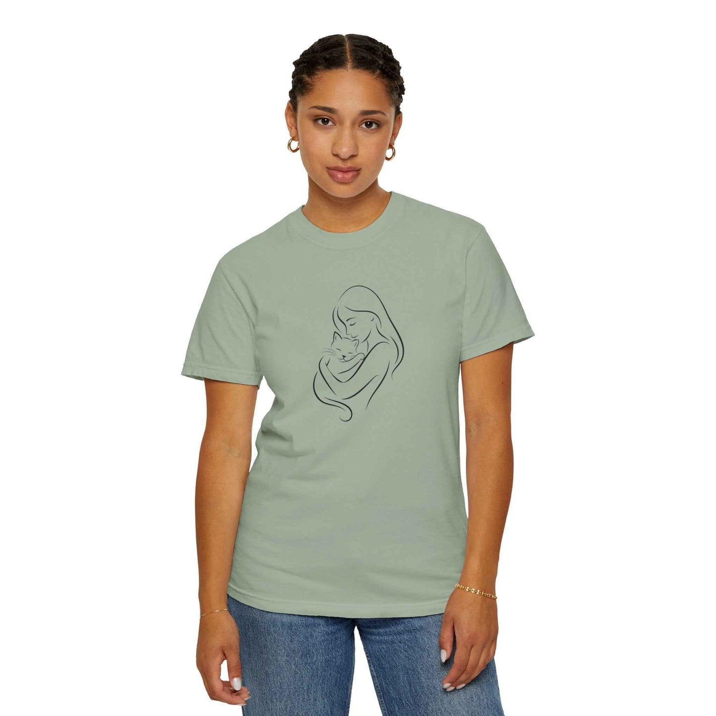 Camiseta Madre y Gato Abrazo | Camiseta Minimalista de Arte Lineal para Mamás de Gatos