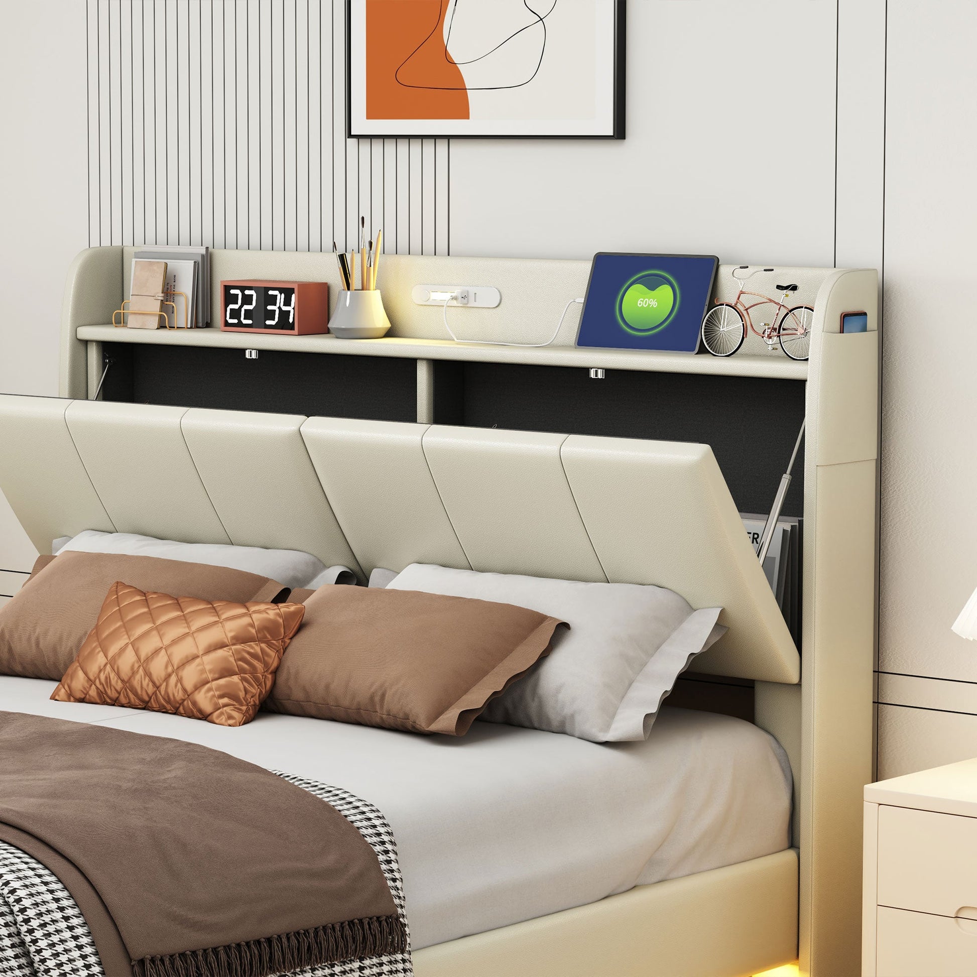 Large floating bed frame with storage headboard, touch sensor, night light and USB charger, padded platform bed, beige color - Korvel