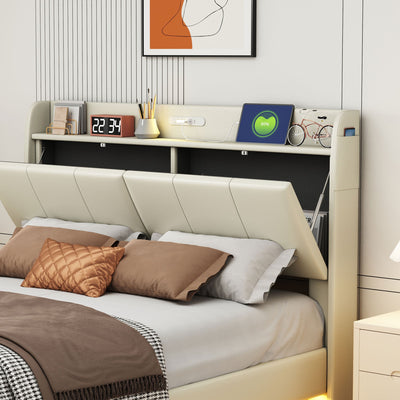Large floating bed frame with storage headboard, touch sensor, night light and USB charger, padded platform bed, beige color - Korvel