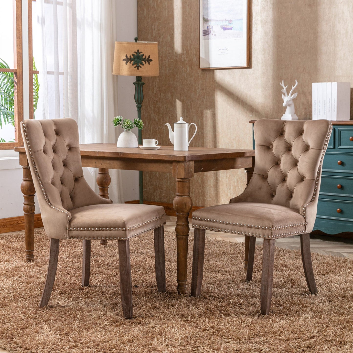 High-end Tufted Solid Wood Contemporary Velvet Upholstered Dining Chair with Wood Legs Nailhead Trim 2-Pcs Set Khaki - Korvel