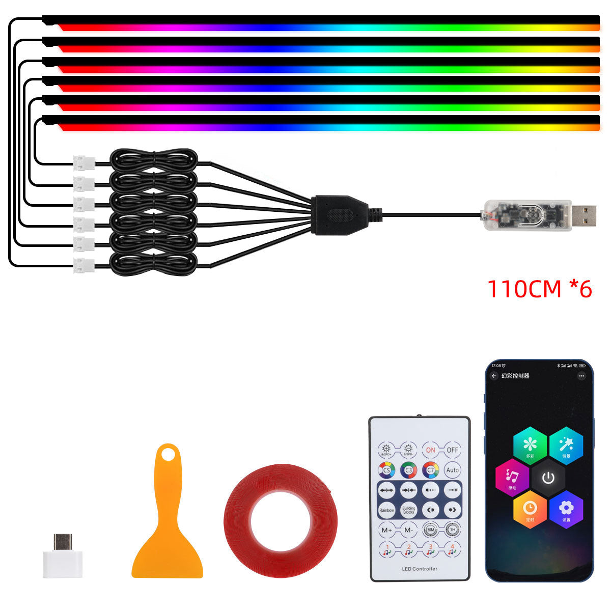 Bande lumineuse intérieure de voiture RGB LED 10-en-1 avec télécommande