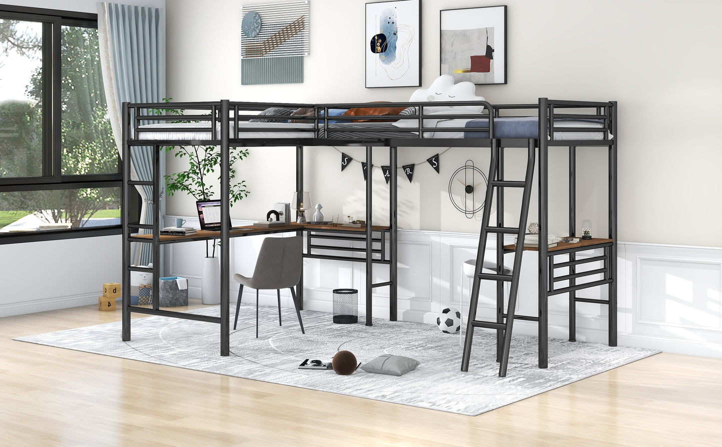 Twin Size Metal Loft Bed with Two Built-in Desks Black - Korvel