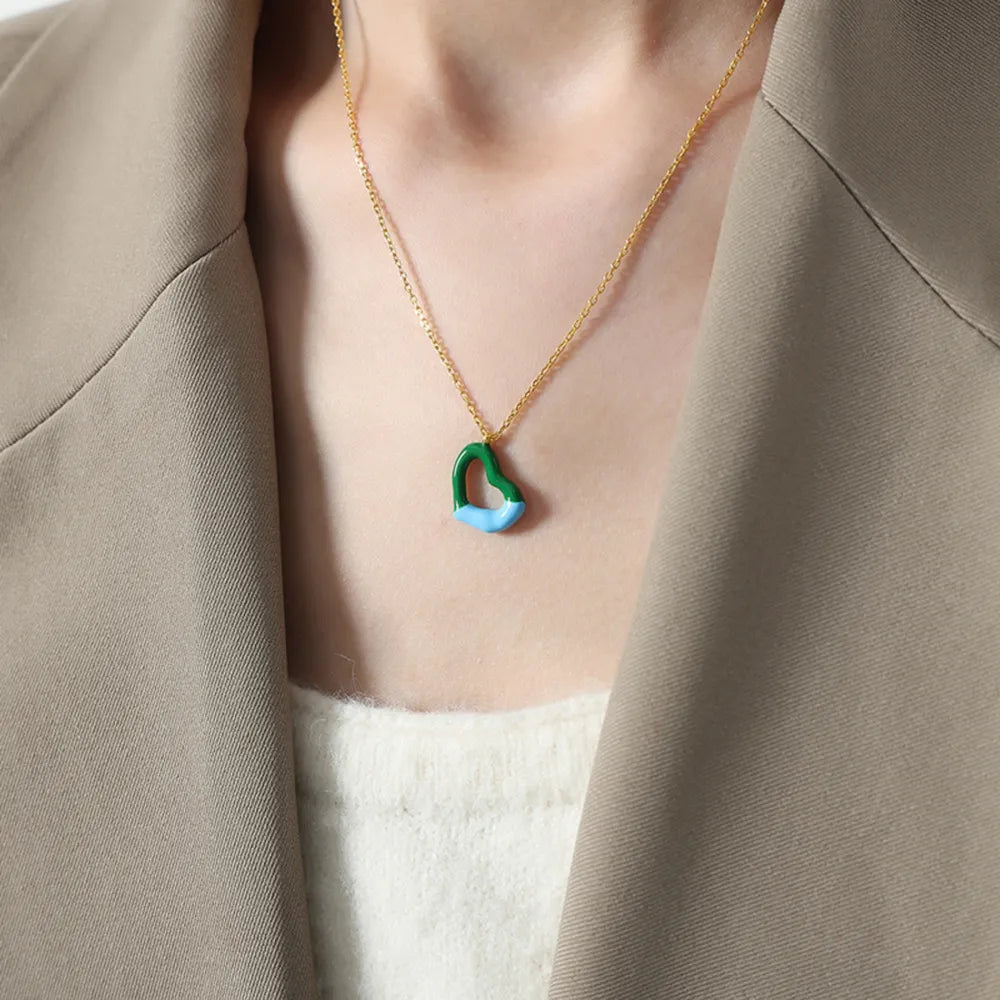 Two tone weight glazed design heart pendant titanium steel gold-plated necklace - Korvel