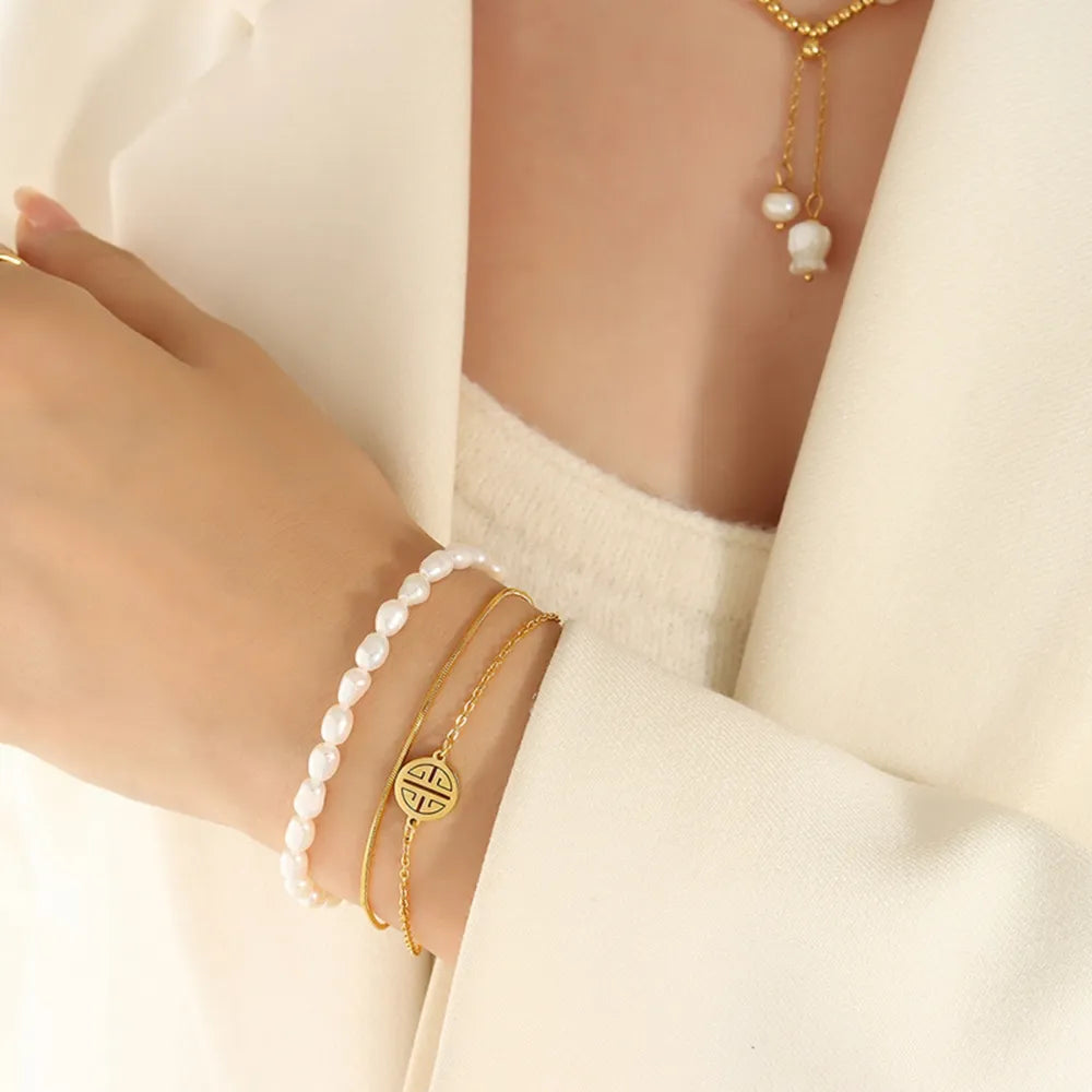 Titanium Steel Three-Layered Pearl Bracelet - Korvel