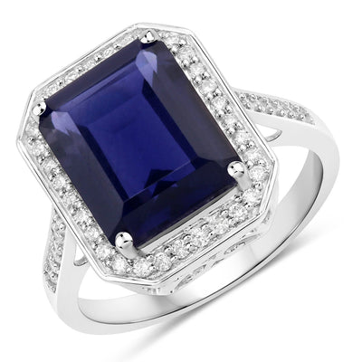 3.70 Carat Iolite and Diamond 14K White Gold Engagement Ring