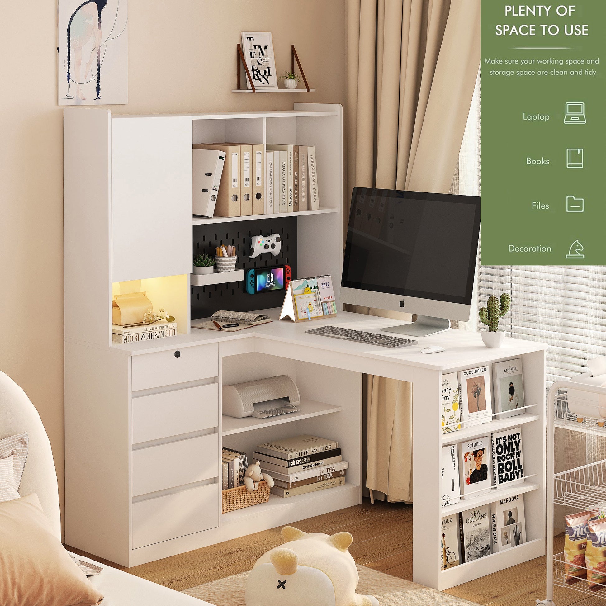 L-shaped office desk with charger, bookshelf with drawers and LED lights, and corner gaming computer desk with storage space - Korvel