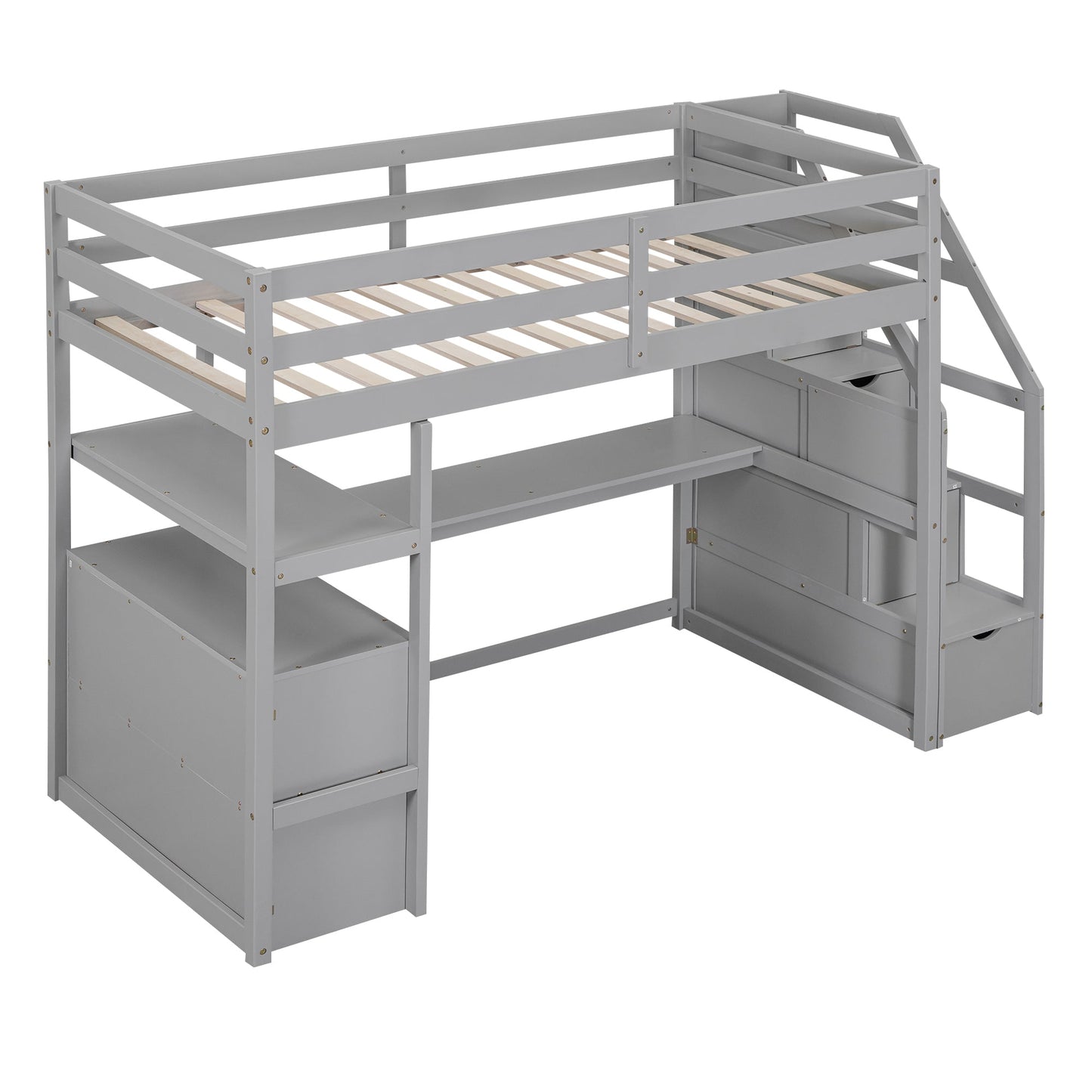 Twin Size Loft Bed with Desk and Shelves Two Built-in Drawers, Storage Staircase Gray - Korvel