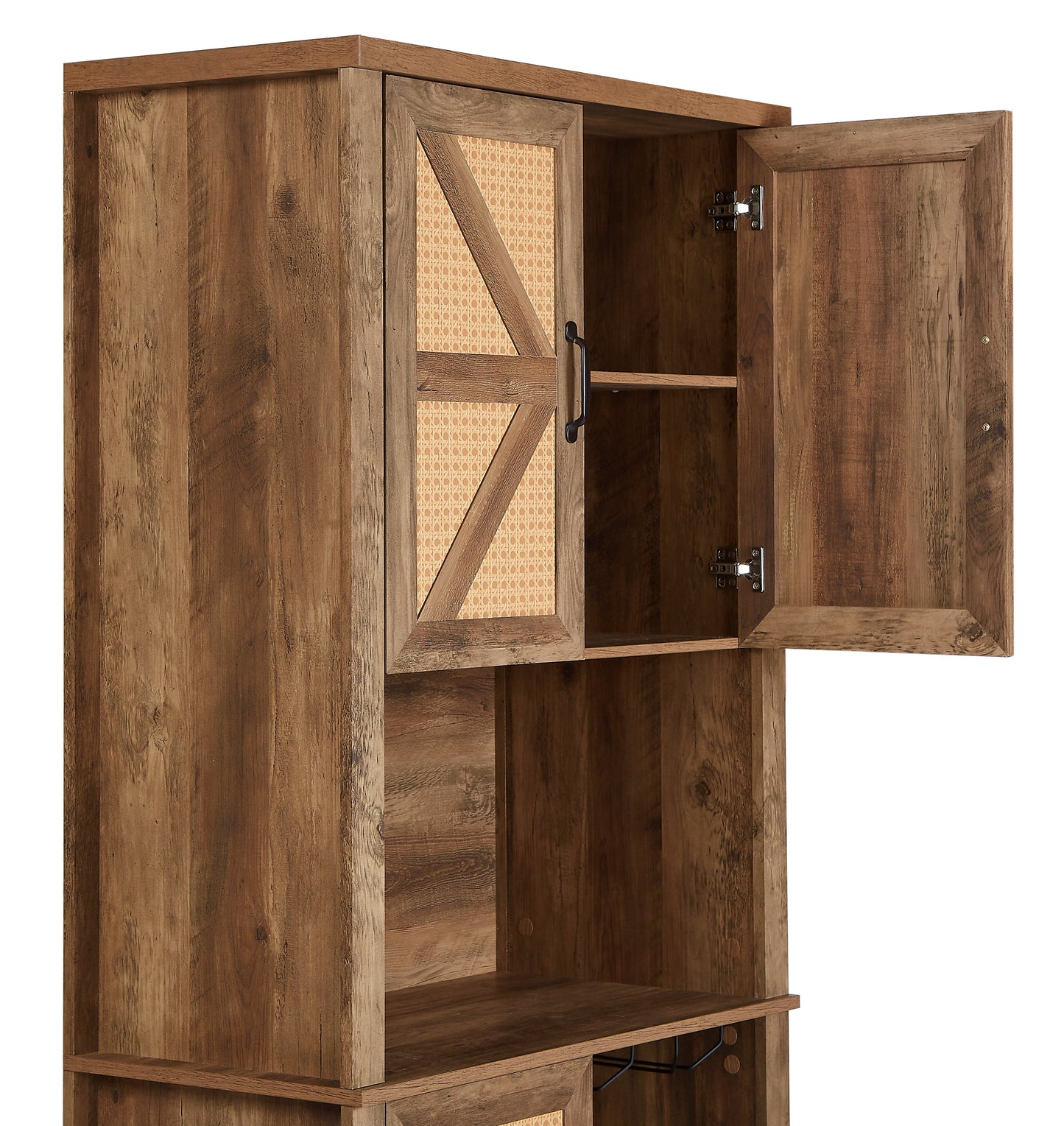 76-Inch Rustic Oak Farmhouse Wine Cabinet with Faux Rattan