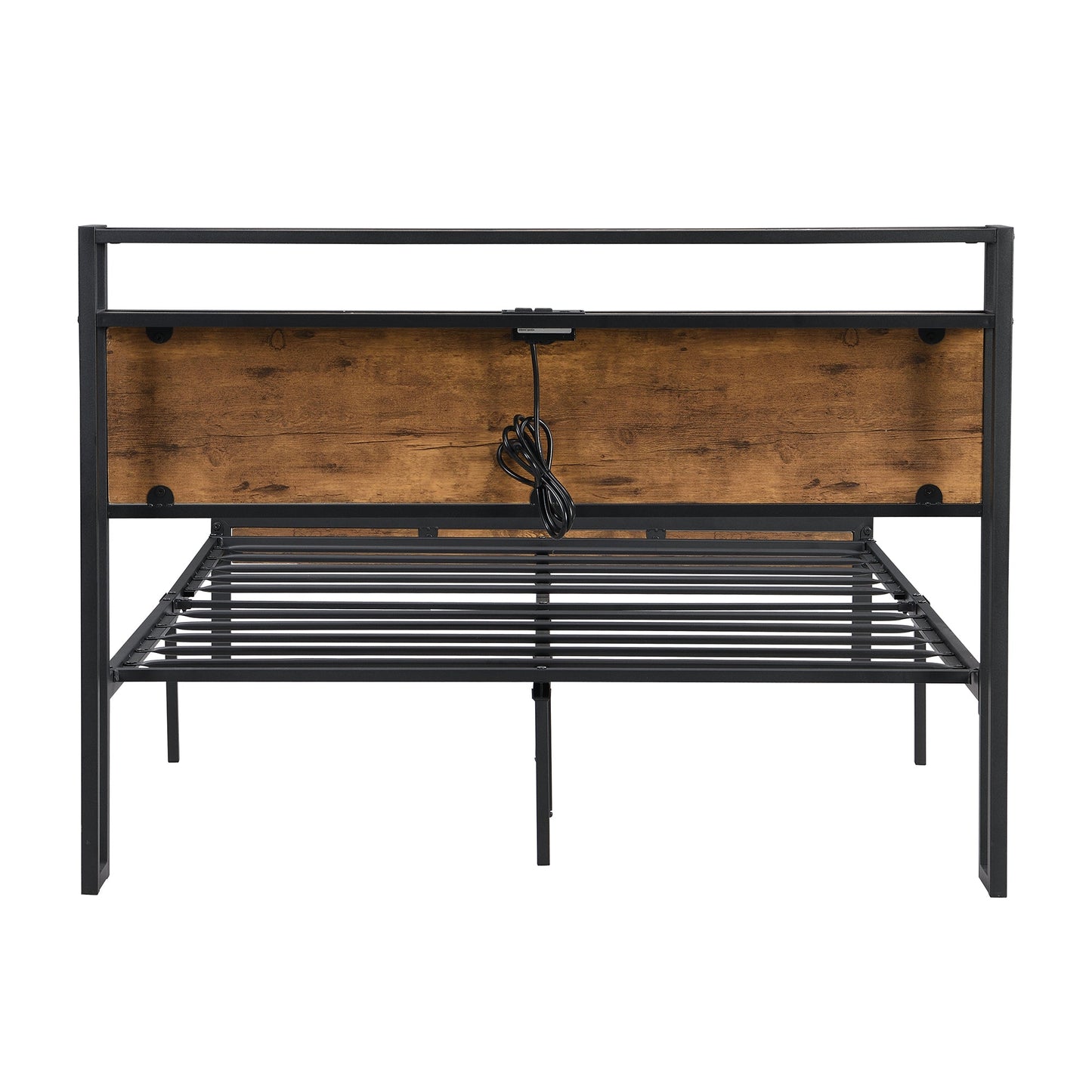Queen Size Metal Platform Bed Frame with Wooden Headboard and Footboard with USB LINER - Korvel
