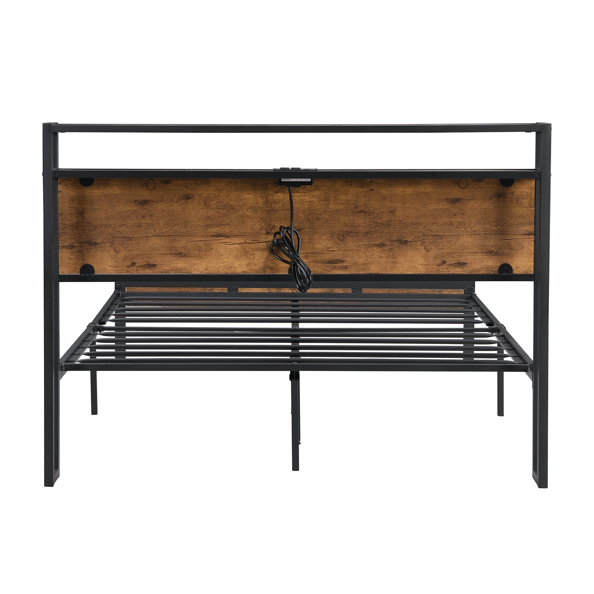 Queen Size Metal Platform Bed Frame with Wooden Headboard and Footboard with USB LINER - Korvel