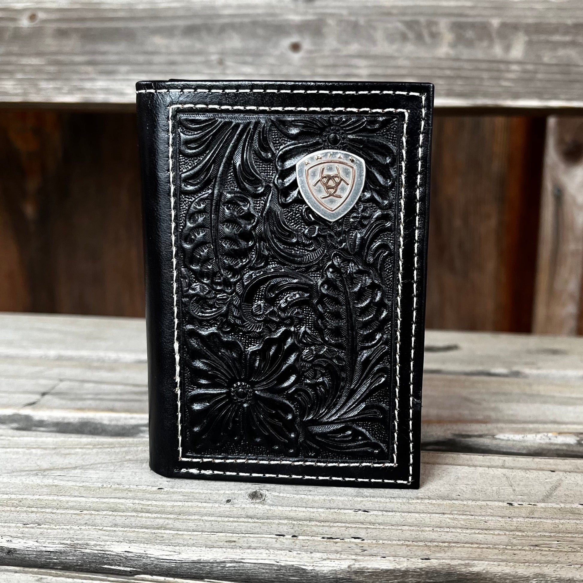 Elegant Black Floral Trifold Wallet by Ariat - Korvel