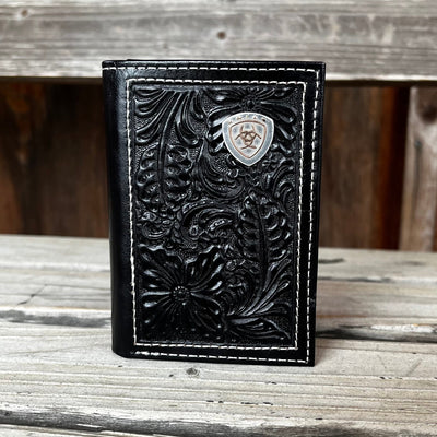 Elegant Black Floral Trifold Wallet by Ariat - Korvel