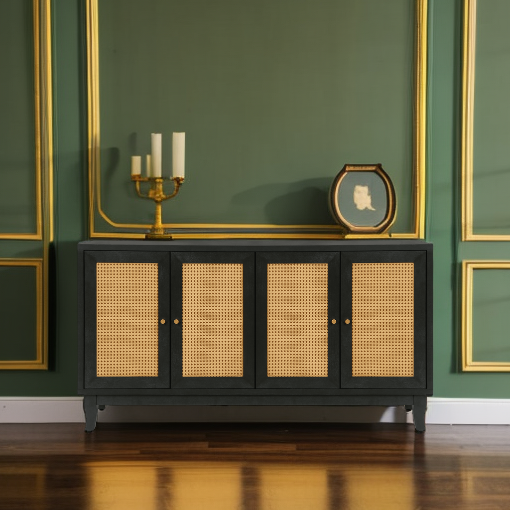 Handcrafted Premium Grain Panels Rattan Sideboard Buffer Cabinet Accent Storage Cabinet With 4 Rattan Doors BLACK - Korvel