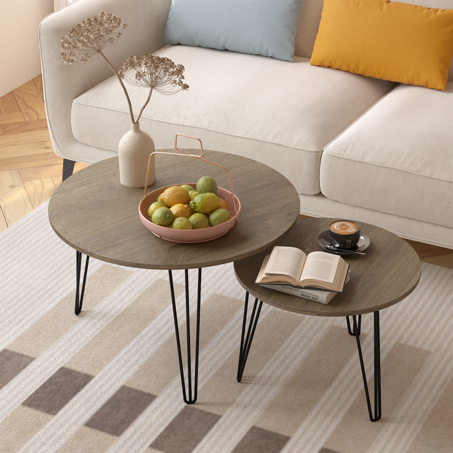 27.56'' Round Nesting Coffee Table Set of 2, Circular Nesting End Table Set  Sturdy Metal Base for Living Room, bedroom, Brown - Korvel