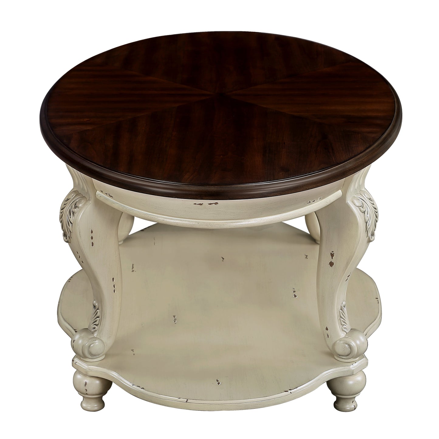 22 inch dual tone round head table, solid wood sofa side table with shelf, white and cherry tabletop - Korvel