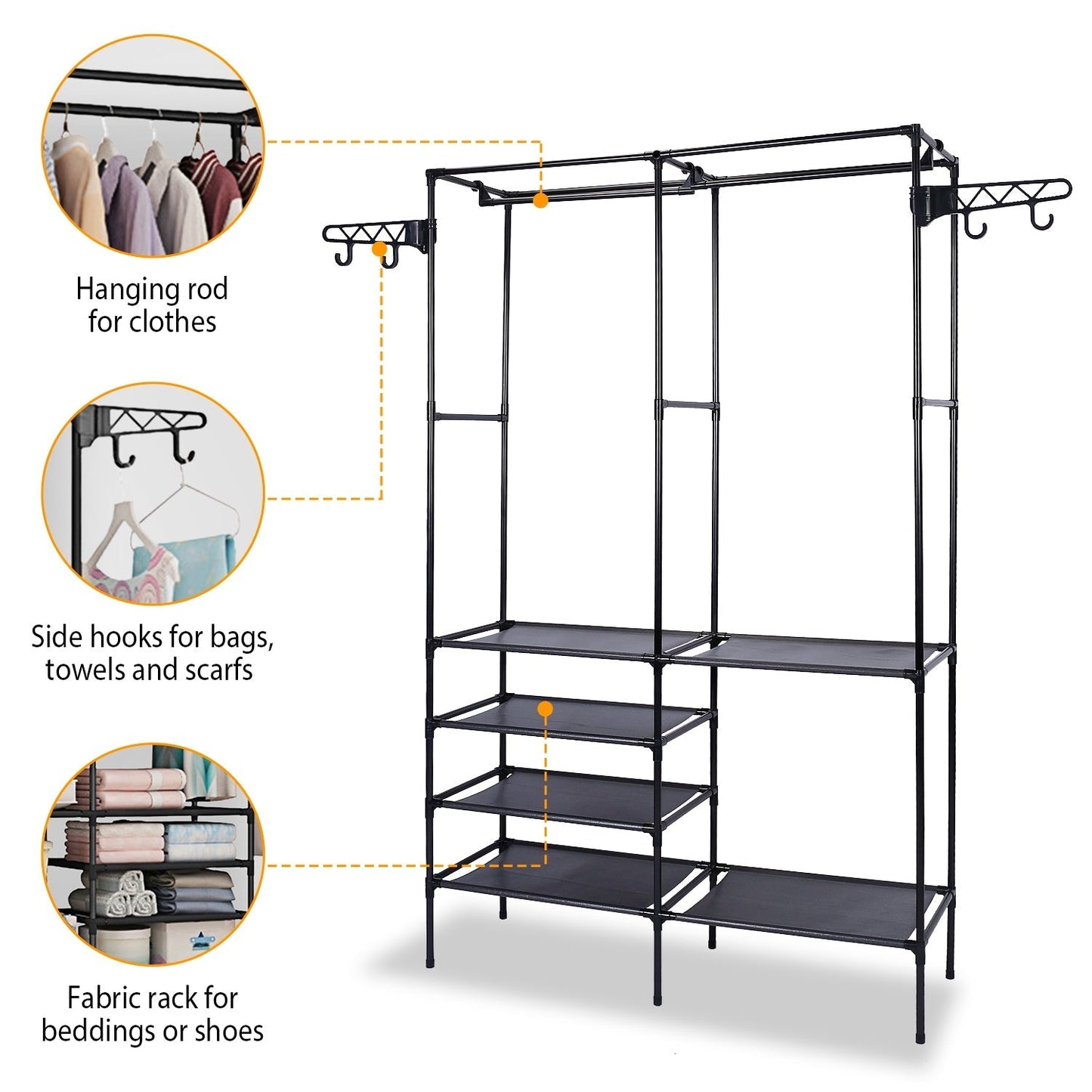 Freestanding Metal Garment Rack with Shelves and Hooks