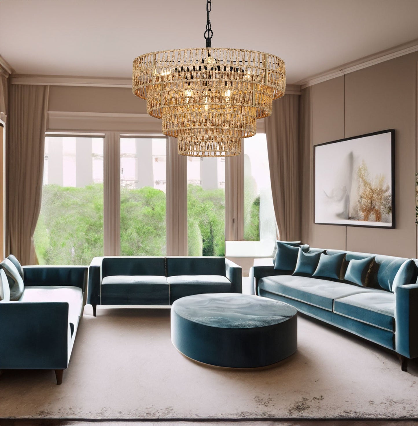 6-Light Dining Room Light Fixture, Wicker Pendant Lighting with 4-Tier Woven Lampshade, Large Farmhouse Chandeliers (20") - Korvel