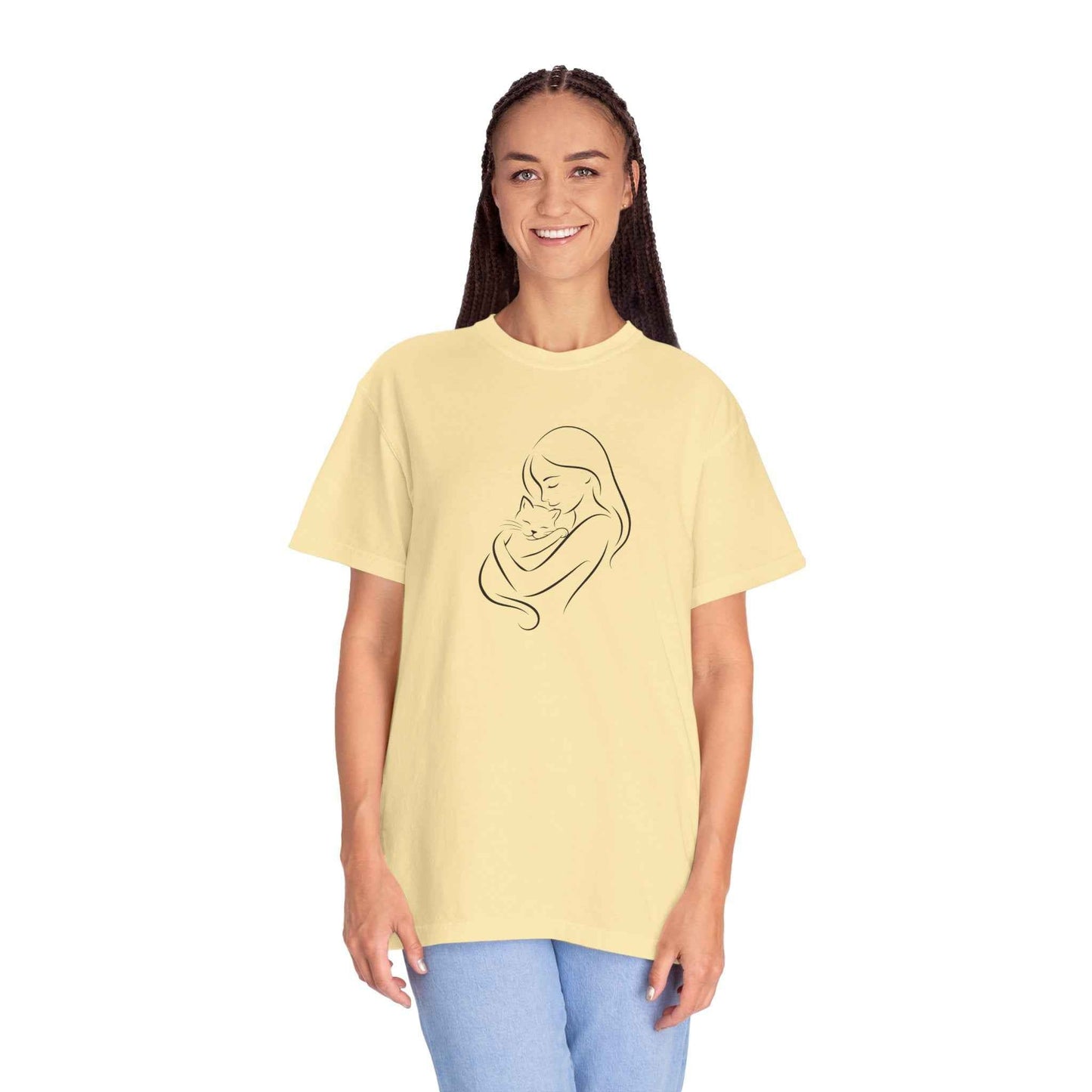Camiseta Madre y Gato Abrazo | Camiseta Minimalista de Arte Lineal para Mamás de Gatos