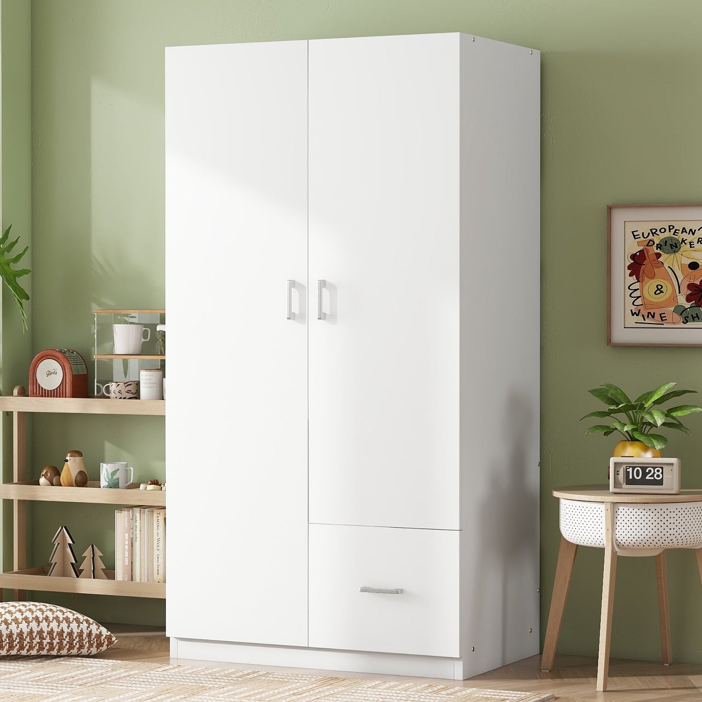 Wooden Wardrobe with Double Doors, Armoire with Hanging Rod, 5 Fixed Shelves, One Storage Drawer,White - Korvel